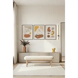 Tontilika Modern Minimalist Kedi Temalı 3’lü Ahşap Çerçeveli Tablo Seti 21x30 cm