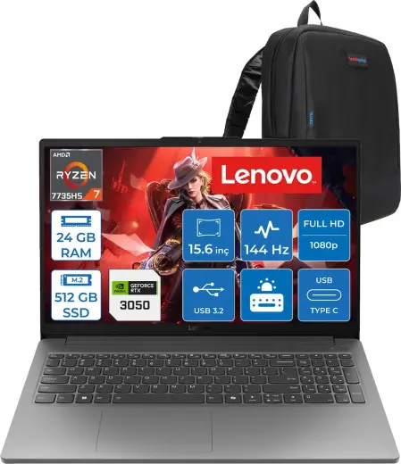 Lenovo Loq Essential 15ARP10 Amd Ryzen 7 7735HS 24 GB 512 GB SSD 6 GB/RTX3050/65W 15.6" Fhd IPS 300NITS, 100% Srgb 144Hz Windows 11 Pro Gaming Bilgisayar 83S00033TRP05 + Zettaçanta