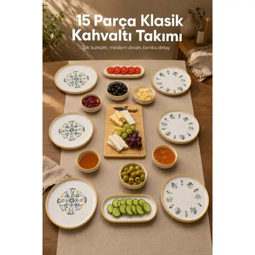 Vienev 15 Parça Bambu Sunumluklu Klasik Kahvaltı Takımı Seti