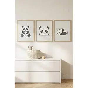 Tontilika Sevimli Panda 3’lü Ahşap Çerçeveli Tablo Seti - Çocuk Odası Minimal Duvar Dekoru 21x30 cm
