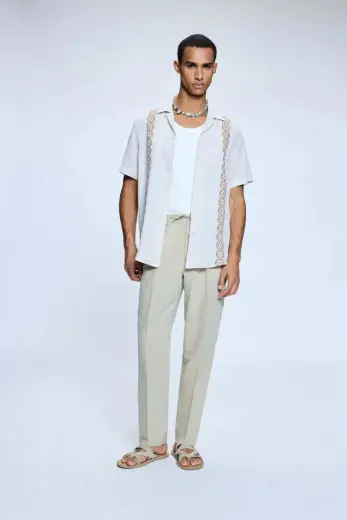 Bej Dinamik Fit Desenli Yandan Cepli Keten Jogger Pantolon