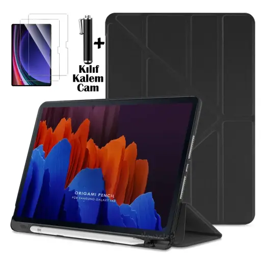 Samsung Galaxy Tab S6 Lite 2024 P610 P617 P620 10.4 Kılıf Kalem Bölmeli Katlanabilir Standlı Yumuşak Silikon Kapak + Ekran Koruyucu Cam + Dokunmatik Kalem 3'lü Set