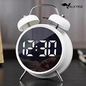 Valkyrie Led Ekranlı Analog Alarmlı Masa Saati Çalar Saat Pil Dereceli Çift Alarmlı Dijital Saat Beyaz