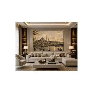 Mgi Design İstanbul Şehir Manzarası Kanvas Tablo Boğaz Ve Tarihi Siluet Temalı Bej Gold Tonlu Dekoratif Salon Ofis Çalışma Odası Duvar Tablosu | Modern Duvar Dekoru | Salon, Yatak Odası Ve Ofis İçin | Sanatsal E 60x90 cm