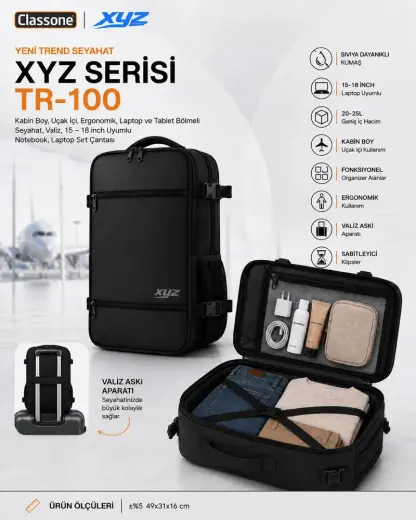 Classone XYZ Serisi TR-100 Kabin Boy,Uçak İçi, Ergonomik, Laptop ve Tablet Bölmeli, Seyahat, Valiz, 15-18 inch Uyumlu Notebook, Laptop Sırt Çantası