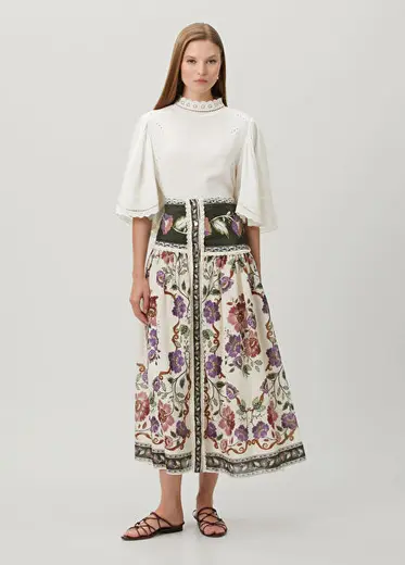 Rococo Flowers Renkli Midi Etek