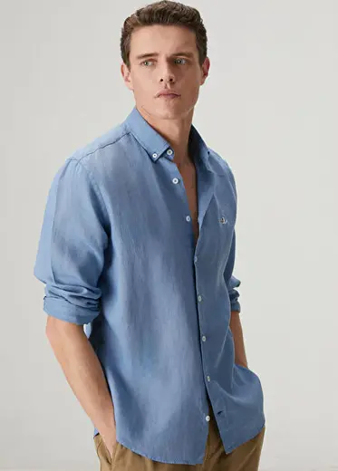 Gri Mavi Comfort Fit Keten Gömlek