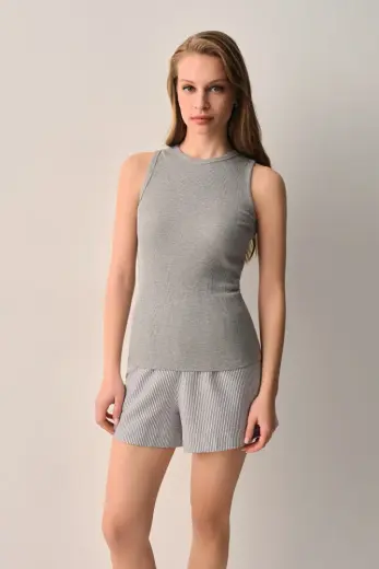 Gri Çizgi Desenli Cool Pamuklu Atlet Şort Pijama Takımı
