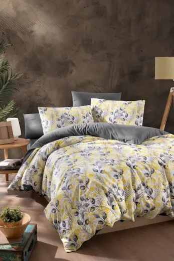 Mystory Home Lastikli Çarşaflı Çift Kişilik Nevresim Takımı Lemon 200x220 Cm Sarı - Gri