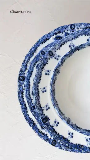 Blue Romance 24 Parça Desenli Porselen Yemek Takımı – Şık Sofra Seti Mavi Vintage