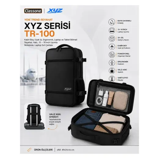 Classone XYZ Serisi TR-100 Kabin Boy ,Uçak İçi , Ergonomik, Laptop ve Tablet Bölmeli, Seyahat, Valiz, 15.6, 16, 17, 18 inch Uyumlu Notebook, Laptop Sırt Çantası
