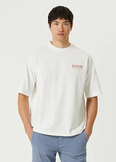Racquet Club Baskılı Kırık Beyaz Oversize Kısa Kollu Erkek T-Shirt