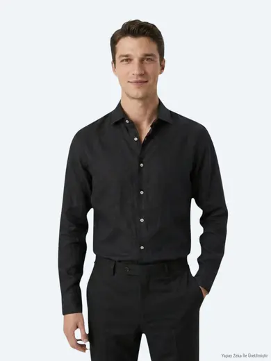 Siyah Regular Fit Uzun Dokuma Casual Pamuk Karışımlı Gömlek