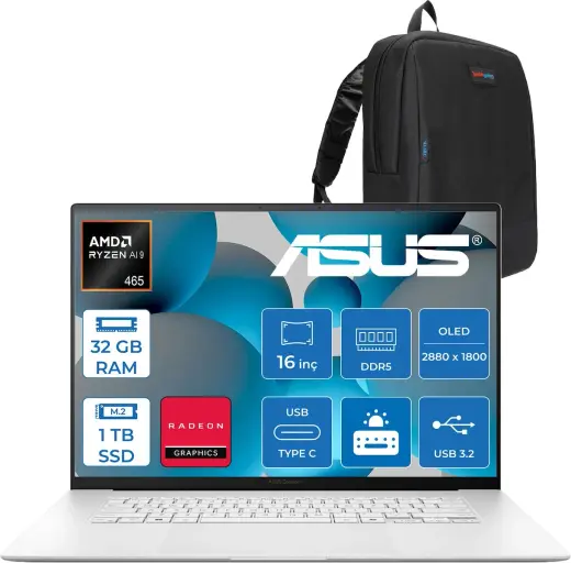 Asus Zenbook S16 UM5606GA Amdryzen Aı 9 465 32GB Ddr5 1tb SSD 16.0-Inc 3k (2880 x 1800) OLED 120Hz 1000NITS Hdr 0.2ms Amd Radeon 880M Grafik Freedos Taşınabilir Bilgisayar WUM5606GAF13+ZETTAÇANTA