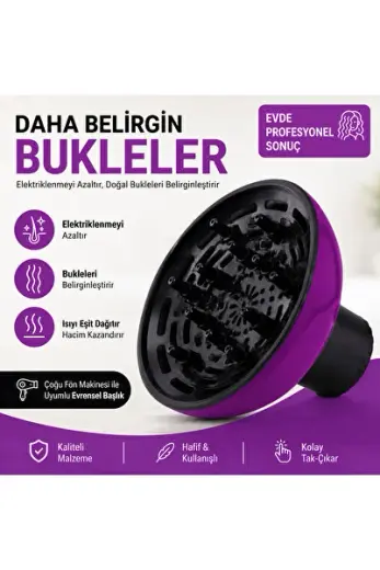 Profesyonel Fön Makinesi Vigo Başlığı - Hacimli ve Belirgin Kıvırcık Saçlar İçin Evrensel Difüzör (MOR)