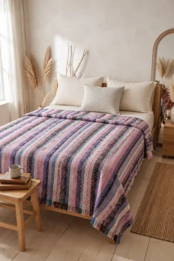 Lunga Vita Dokuma Pike Çiftkişilik 200x220 Çok Amaçlı Bohem Yatak Örtüsü Berry Mix