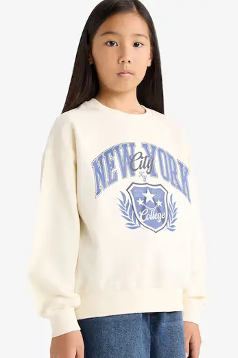 Relax Fit Bisiklet Yaka Baskılı Sweatshirt Kız Çocuk