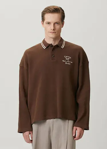 Koyu Kahverengi Polo Yaka Waffle Triko