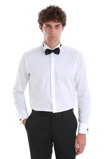 Beyaz Comfort Fit Manşet Yaka %100 Pamuk Uzun Kollu Damatlık Gömlek