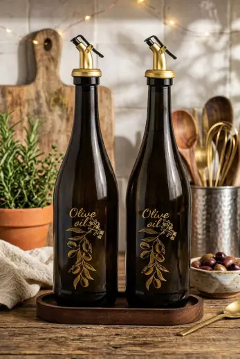 Snippy Poura - Ahşap Standlı 2'li Yağdanlık Zeytinyağı Sıvı Yağ Sirke Şişesi Yağdanlık Seti 750 ml