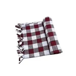 Mira Home 150x150 Cm Kareli Yer Sofra Bezi Piknik Masa Örtüsü Saçaklı Bordo