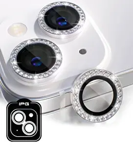 IPG ProLENS iPhone 14 / 14 Plus Kamera Lens Koruyucu Elmas Taş Çerçeveli Kırılmaz Cam Gümüş