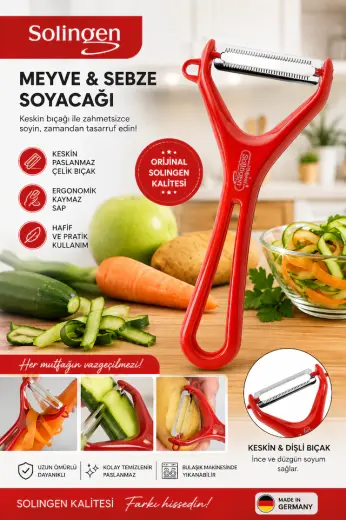 Solingen Meyve Sebze Soyacağı Paslanmaz Çelik Profesyonel Soyacak Kırmızı