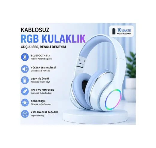 P101 Bluetooth Kulaklık 5.3 Wireless Headphone Şarjlı Kulaküstü Kulaklık Rgb Led Işıklı Fm Radyo Sd Kart Aux Girişli Mikrofonlu Type C Şarj