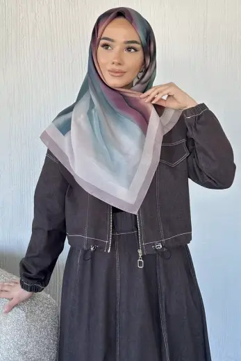 Tesettür Mavi İpek Desenli Eşarp