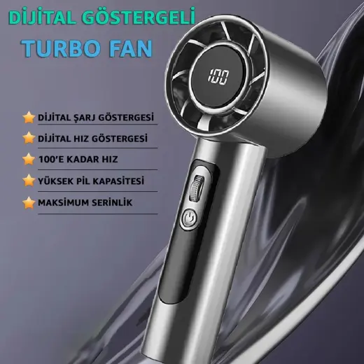 Dijital Göstergeli Taşınabilir Şarjlı El Fanı Vantilatör - LCD Ekran - Turbo Fan Vantilatör - Yüksek Pil Kapasitesi - Kolay Kullanım