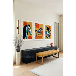 Tontilika Modern Geometrik At Temalı 3’lü Ahşap Çerçeveli Tablo Seti 21x30 cm