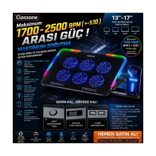 Classone Gaming M60 Laptop Soğutucu , Notebook Stand,10 Rgb Işık Kontrolü, 15.6 -17 Inch , Hız Kontrolü , 6 Büyük Fan ,telefon Standı, 2 USB