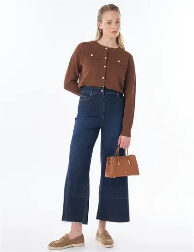 Yıkamalı Geniş Paça Denim Pantolon Lacivert