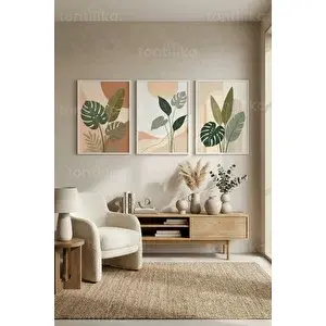 Tontilika Modern Botanik Soyut Formlar 3’lü Ahşap Çerçeveli Tablo Seti 50 x 70 cm