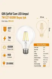 G95 Şeffaf Cam LED Ampul 7W E27 6500K Beyaz Işık ERD-323 1