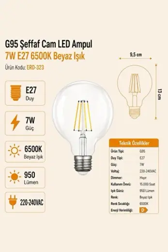G95 Şeffaf Cam LED Ampul 7W E27 6500K Beyaz Işık ERD-323