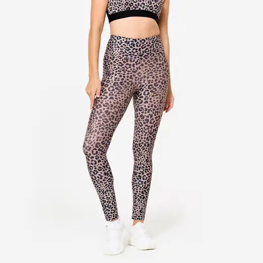 Kadın Yüksek Bel Fitness Taytı - Leopar Deseni/Bej