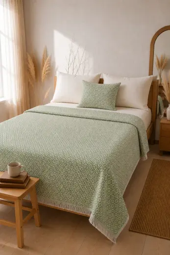Dokuma Pike Çiftkişilik 200x220 Çok Amaçlı Bohem Yatak Örtüsü Fıstık Yeşili