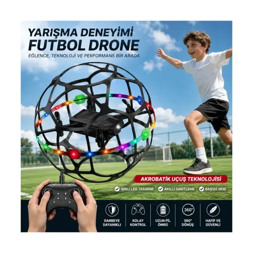 Azurtech R34 Futbol Topu Drone – LED Işıklı, Uzaktan Kumandalı, 360° Takla Atabilen, Şarjlı Mini Quadcopter