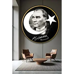 Mgi Design Mustafa Kemal Atatürk Portreli Ay Yıldız Siyah Yuvarlak Gold Ofis Ve Salon Lüks Dekoratif Cam Tablo | Atatürk Temalı Dekoratif Duvar Tablosu, Salon, Ofis Ve Çalışma Alanı Dekoru, 100x100 Cm 70x70 cm
