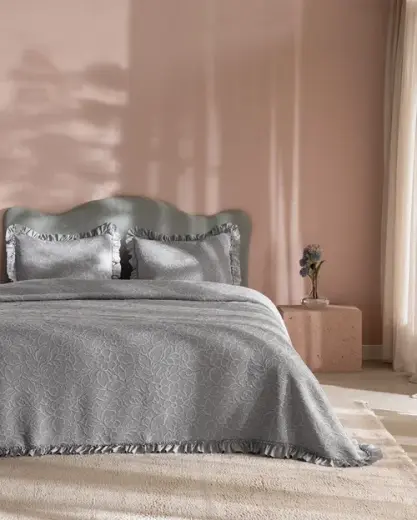 Crefurien Pamuklu Çift Kişilik Yatak Örtüsü - Gri