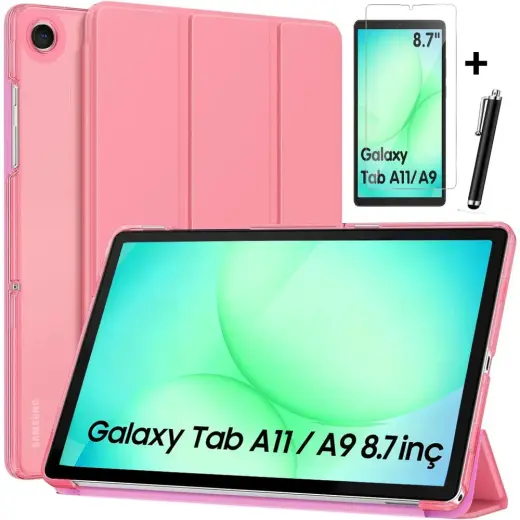 M.TK Moveteck Samsung Galaxy Tab A11/A9 8.7 Inç Tablet Kılıfı Akıllı Smart Uyku Modlu Katlanabilir Arkası Şeffaf Standlı Kılıf + Cam + Kalem 3'lü Set