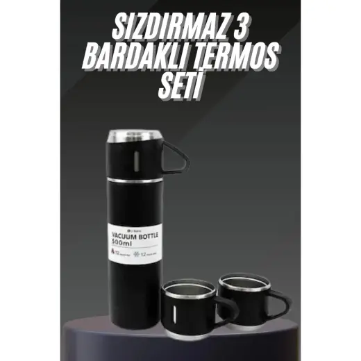Renas Store Termos Seti Paslanmaz Çelik 3 Bardaklı Vakumlu Termos Set 500 ml 12 Saate Kadar Isı Koruma