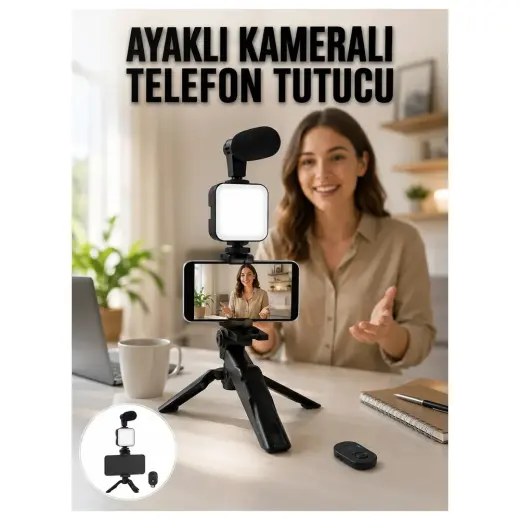 LED Işıklı Mikrofonlu Kumandalı Vlog Telefon Tutucu Seti