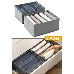 Serstil 5 Adet - 5 Bölmeli Katlanabilir Kumaş Saklama Kutusu Dolap İçi Düzenleyici Organizer - Gri