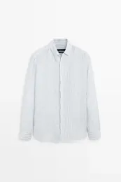 Regular fit çizgili %100 keten gömlek 6