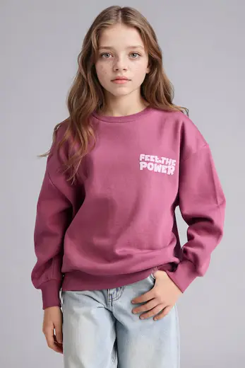 Oversize Geniş Kalıp Baskılı İçi Yumuşak Tüylü Sweatshirt Kız Çocuk