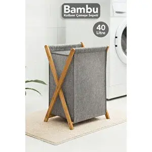 Meleni Home Katlanır Bambu Çamaşır Sepeti - Yıkanabilir İç Hazneli Natural Kirli Çamaşır Sepeti 40 Lt Gri