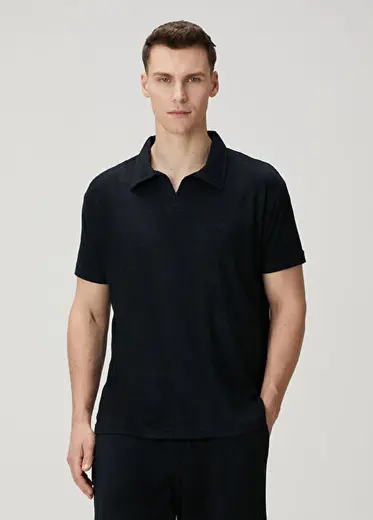 Qsimple Towelling Luxe Muscle Up Fit Lacivert Modal Polo Yaka Kısa Kollu Erkek T-Shirt