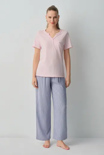 Mavi Çizgili Jade Pamuklu Pijama Takımı